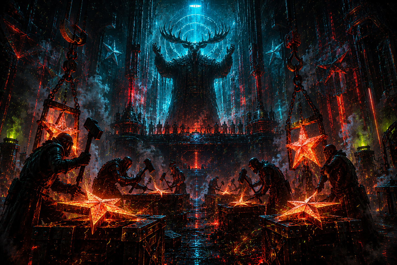 Workers forging glowing stars beneath a towering Heavy Moose figure